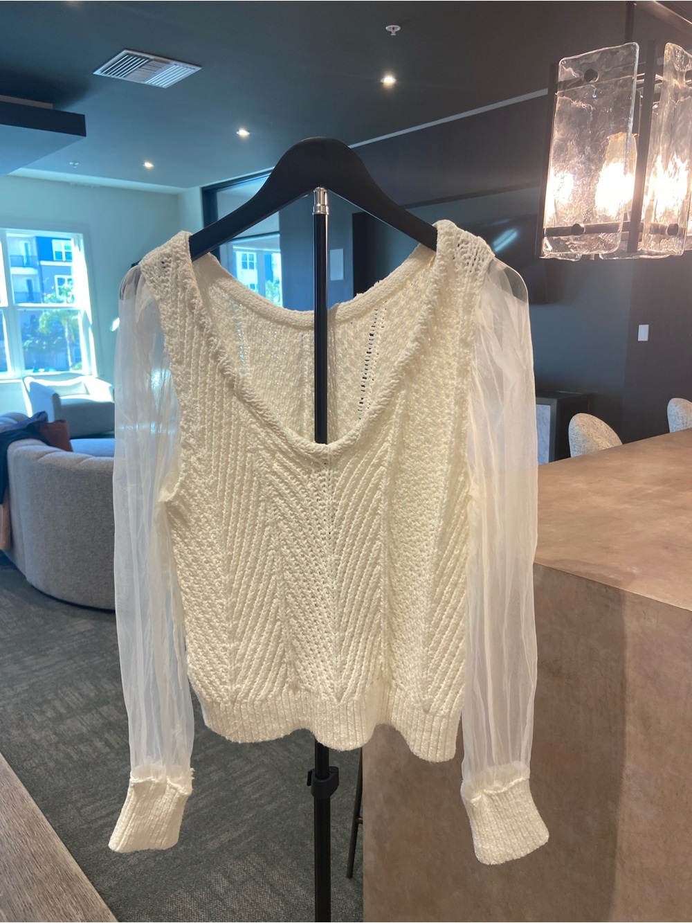 Anthropologie Ivory Knit Sweater with Sheer Puff Sleeves